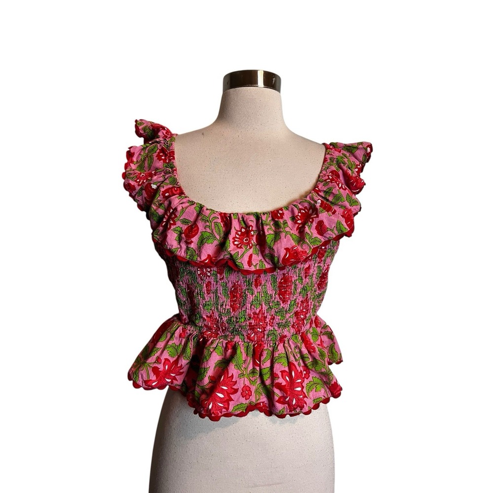 PINK CITY PRINTS Top Size Large Pink Floral Blouse Ruffle Cropped